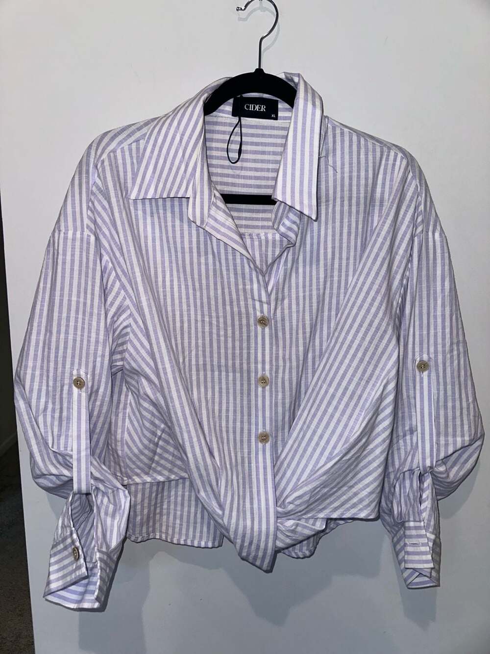 Cider Purple and White Striped Button-Down Shirt with Tie Detail XL